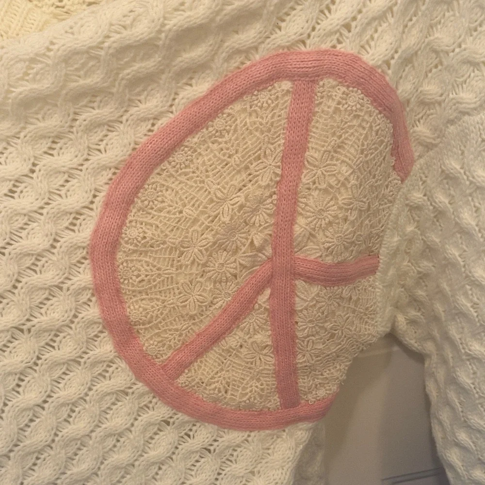 POL Cream V-Neck Sweater with Pink Peace Sign - Picture 4 of 7